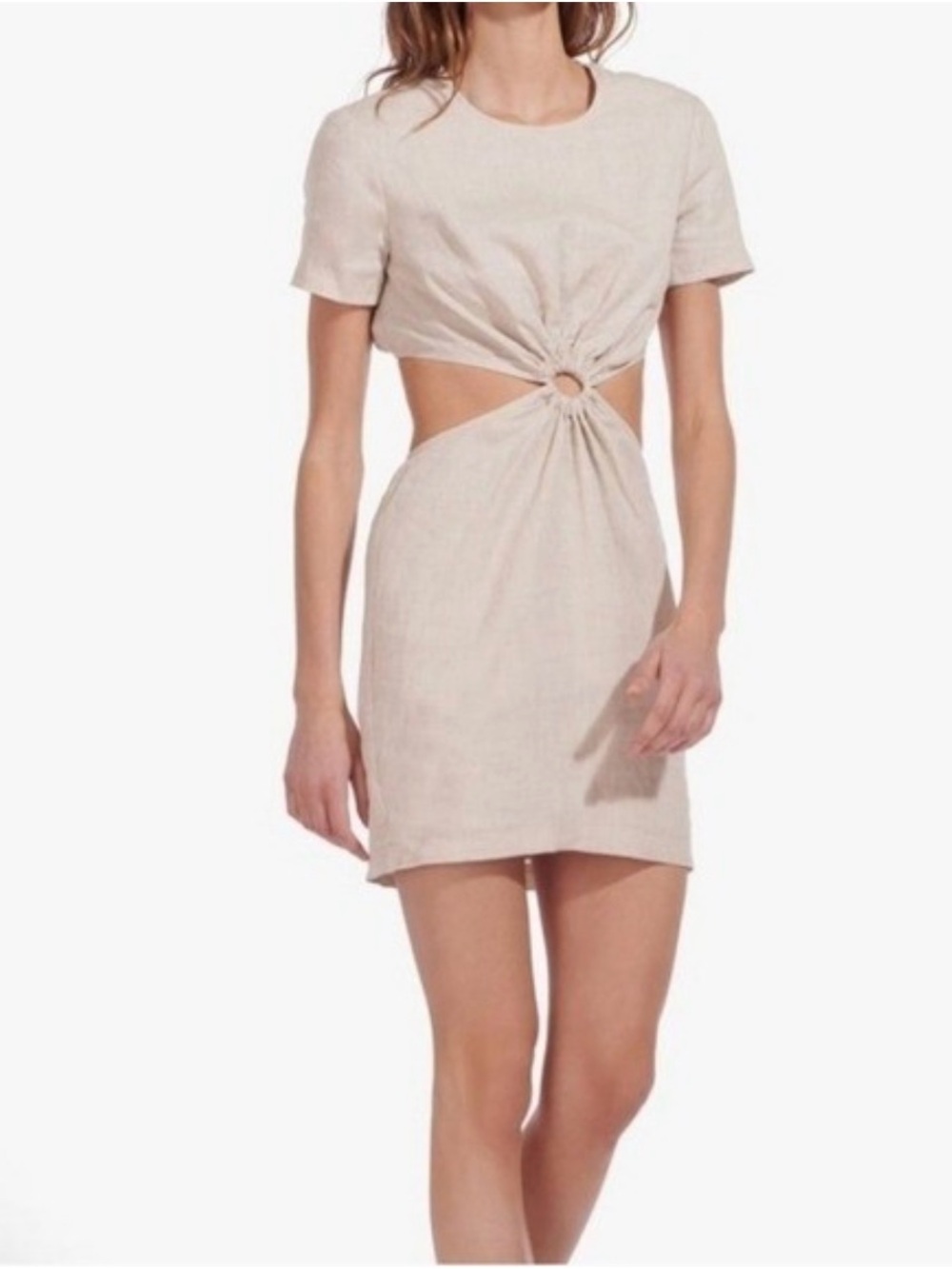 STAUD Beige Natural Linen Epona Ring-Front Cutout Mini Dress